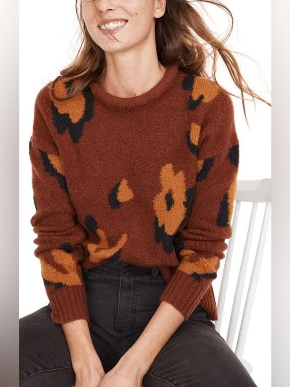 Madewell Leopard Intarsia Fulton Pullover Sweater Wool Blend Crew Size Small